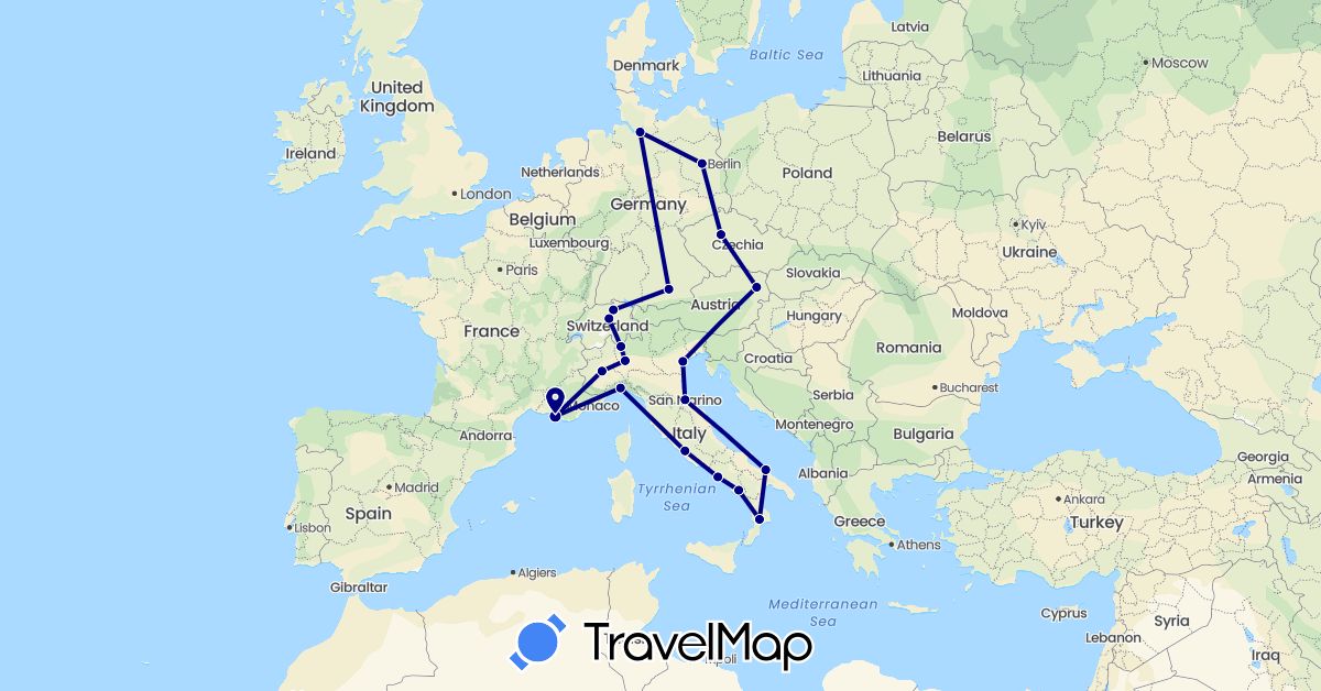 TravelMap itinerary: driving in Austria, Switzerland, Czech Republic, Germany, France, Italy, San Marino, Vatican City (Europe)